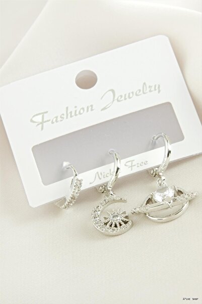 ZERO LAND Ilkestor 3 Pieces Crescent Star Zircon Stone Earrings (05918) Silve...