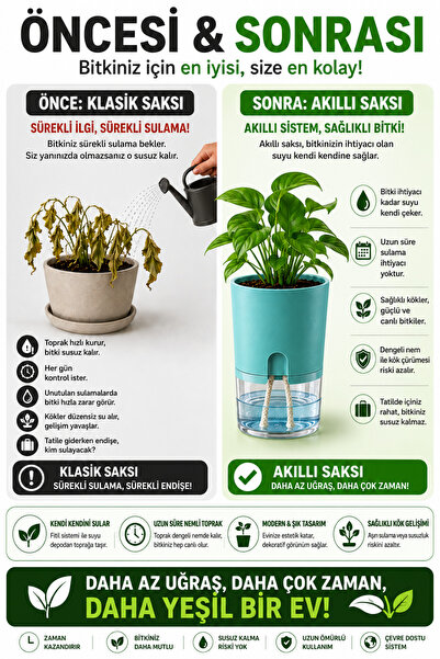 ByKurt Akıllı Saksı Kendi Kendini Sulayan Fitilli Modern Dekoratif Turkuaz Saksı 2 Litre