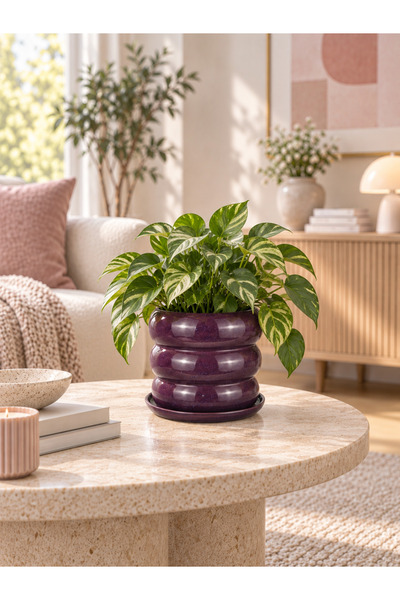 Tria Seramik Saksı Mor Beyaz Benekli Çap:20cm Yük:18cm Tabaklı Artistik Sırlı