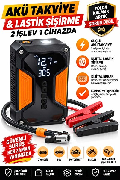 Fürtger 4'ü 1 Arada Dijital Göstergeli | Powerbank | Led Fener | Hava Kompres...