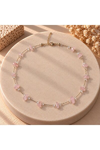 Boncuk Women's Necklace Pink and Transparent Quartz Look Stone Crystal Beaded...
