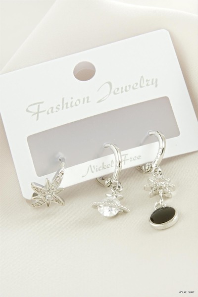 ZERO LAND Ilkestor 3 Pieces Star Zircon Stone Earrings (05945) Silver Color