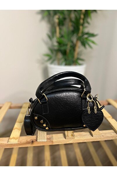MODA Venedik Siyah - Taşlı Kalp Aksesuarlı Mini Oval Omuz Çantası