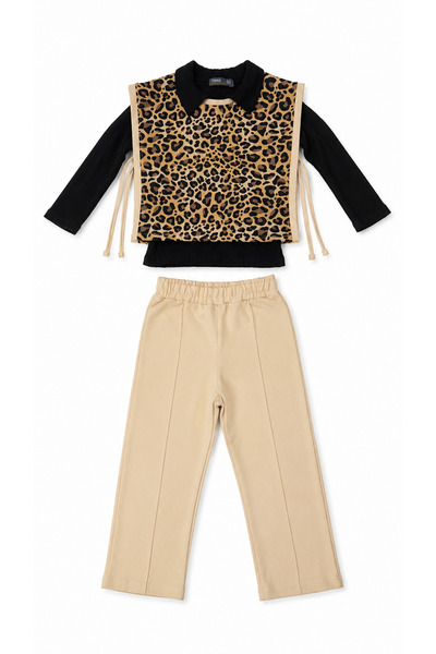 Oz Baby Kız Çocuk Leopar Desenli Yelekli 3’lü Takım – Bluz ve Pantolon 4-11 Yaş