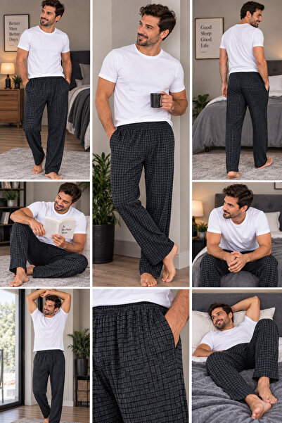 SERPİL Men's Pajama Bottoms Anthracite Checkered Plaid Patterned Relaxed Fit ...