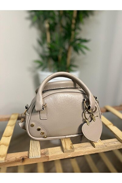 MODA Venedik Bej - Taşlı Kalp Aksesuarlı Mini Oval Omuz Çantası