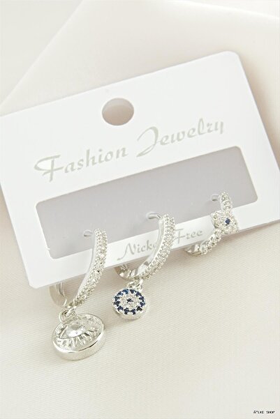 ZERO LAND Ilkestor 3 Pieces Eye Zircon Stone Earrings (21259) Silver Color
