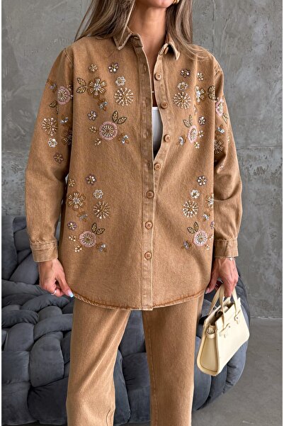 MİA NOURA Women's Front Beaded Embroidered Denim Oversize Shirt