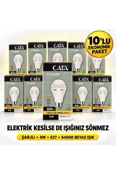 Cata CT-4229 9W E27 Duylu Beyaz Işık Şarjlı Led Ampul - 10'lu Paket