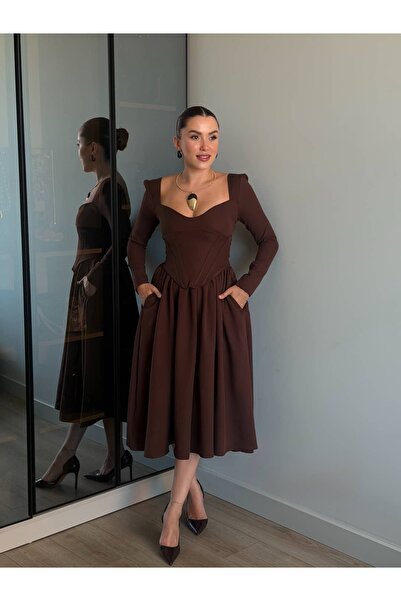 ROUPAS COLLECTİON Korse Bağlama Detay Midi Boy Elbise
