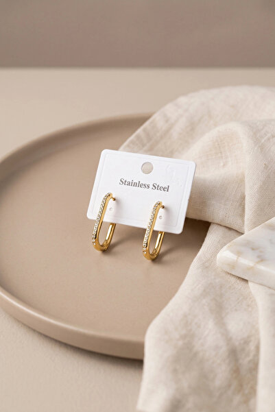 ARMÜZ 316L Steel Gold Color Zircon Stone Square Hoop Earrings