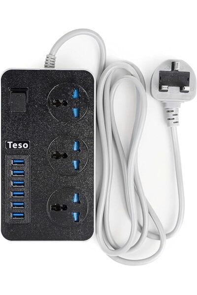 TESO 2M Heavy Duty Power Extension Cord - 3 Universal Sockets & 6 Fast USB Ch...