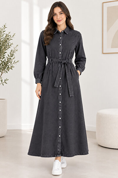 SERAPA Kadın Siyah Denim Maxi Gömlek Elbise Uzun Kollu Gömlek Yaka Kuşaklı Dü...
