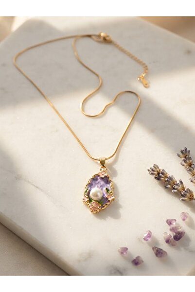 Meneva Aksesuar Vintage Design Purple Background with Pearl and Pink Flower D...