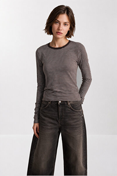 Lovelyİstanbul Striped Stretch Knitted Blouse Lub0394 Brown White