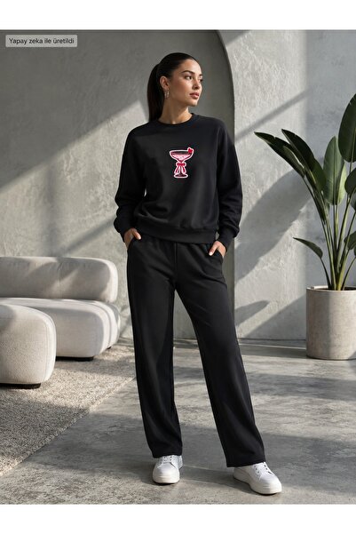 herkesemoda Cup Printed Crew Neck 2 Threaded Yarn Embroidered Fabric Tracksui...