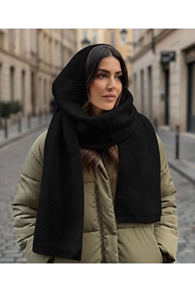 Trend Şapka 14812 Siyah Yumuşak Dokulu Kapüşonlu Tek Parça Atkı Bere