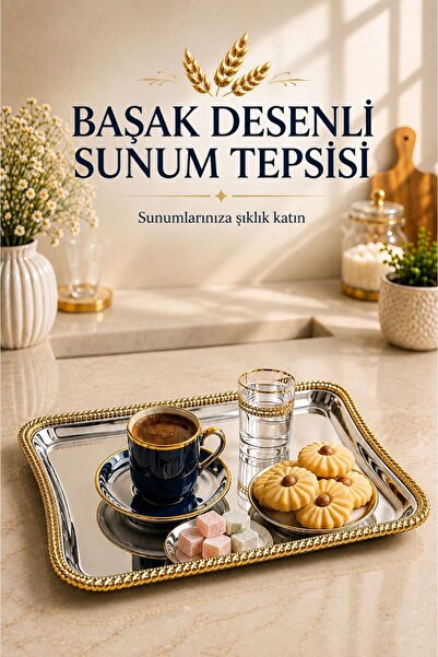 homebulans 6'lı Başak Desenli Tepsi - Gold Çerçeveli Paslanmaz Çelik Kahve ve...