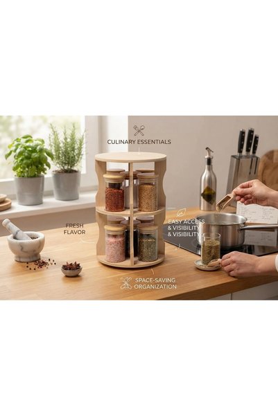 Generic Premium 360-Degree Rotating Bamboo Spice Rack Organizer with 12 Glass Jars, Airtight Lids, Multi-Tier Revolving Herb and Seasoning Stand for Kitchen Countertop Storage