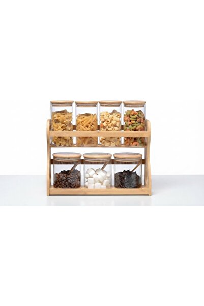 Generic 2-Tier Bamboo Storage Organizer with 7 Mixed-Size Airtight Glass Cani...