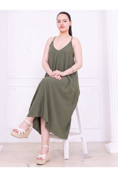 KOZZ STYLE Women's Woven Cotton Rope Strap Casual Dress Khaki Plain