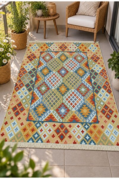 Safir Şönil Çift Taraflı Etnik Desenli Kilim – Renkli Özel Tasarım, Saçaklı, Makinede Yıkanabilir Dokuma Kilim | Salon, Mutfak, Yatak Odası, Oturma Odası, Banyo