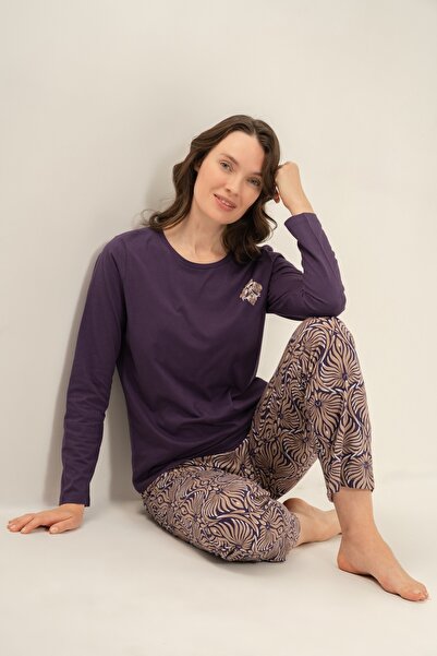 Arnetta Women's Dark Plum Pajama Set, Crew Neck, Pocket Detail, 50% Cotton 50...