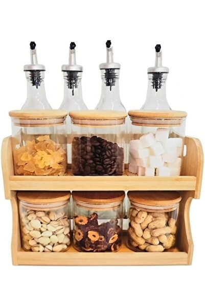 Generic 2-Tier Wooden Spice and Oil Rack Organizer with 6 Airtight Glass Jars...