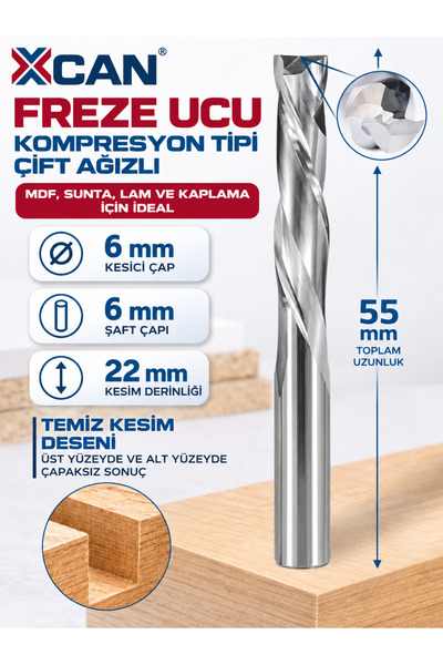 Kompresyon Spiral Freze Ucu Ø6 mm – 6 mm Şaft – 22 mm Kesim