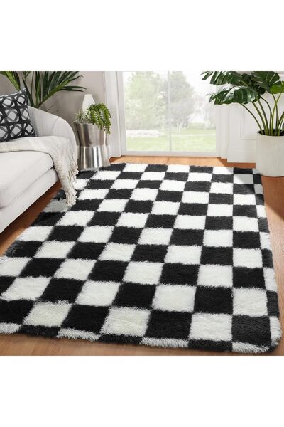 Arabest Black and White Checkered Shag Rug,4x6 Soft Fluffy Microfiber Area Ca...