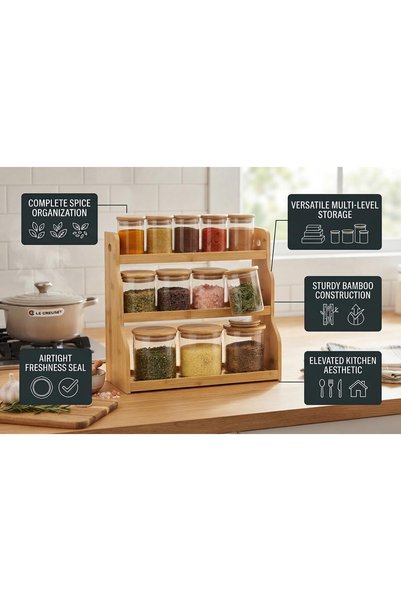 Generic 3-Tier Bamboo Spice Rack Organizer with 5 Spice Jars, 4 Glass Jars & 3 Large Canisters with Lids, Countertop Storage Shelf for Spices, Herbs, Seasonings, Dry Foods and Pantry Organization