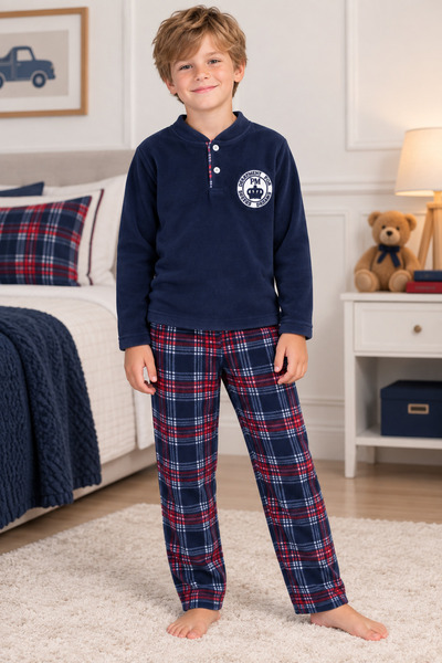 zahider Boy's Cotton Winter Fleece Long-Sleeved Button-Down Collar Pajama Set