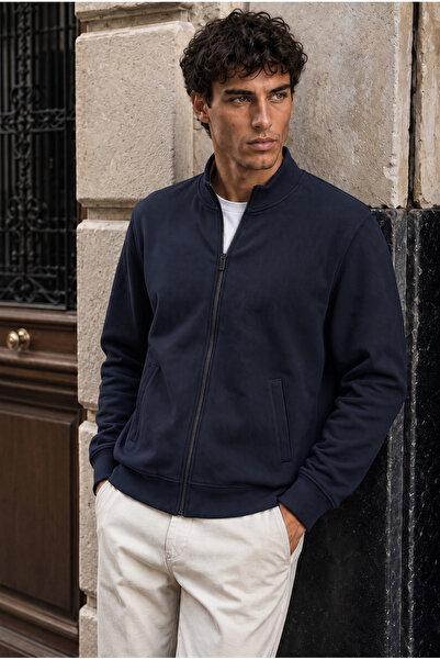 Valiberta Nova Pike Textured Regular Fit Zippered Men's Sweatshirt - Navy Blue