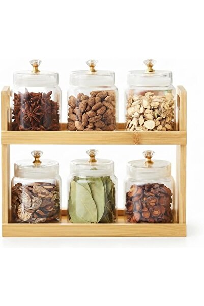 Generic Bamboo Glass Spice Jar Set with Rack, 6-Piece Clear Airtight Spice St...
