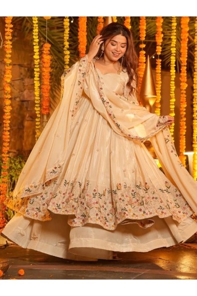 MYSMAR Cream Silk Embroidered Anarkali Suit Set - FFT6816 | Cream-Size:L-40-I...