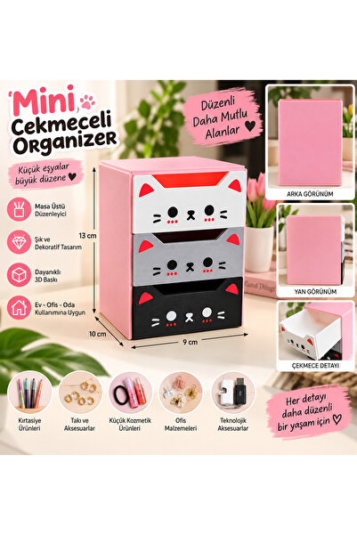 Genel Markalar 3D Baskı Sevimli Kedi Tasarımlı 3 Çekmeceli Mini Organizer – M...