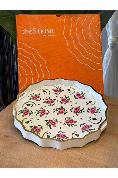 CHICS HOME CHICS MİRA PAPATYA İÇİ CAM TEPSİ 38 CM BEYAZ GOLD
