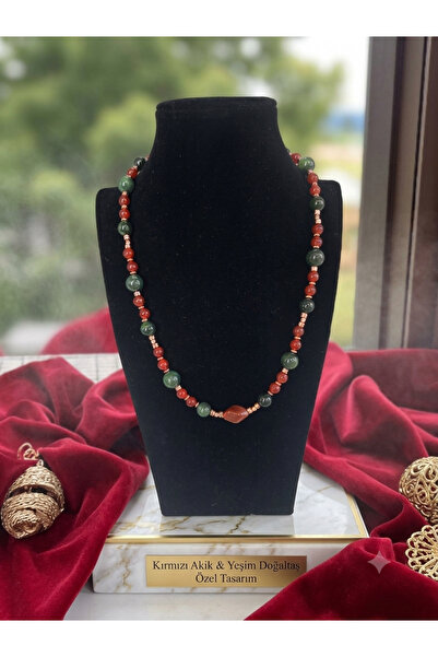 Kadimdoğal Red Agate & Jade Natural Stone Special Design Certified Necklace