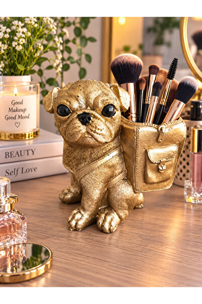 Dekoratif Köpek Figürlü Kalemlik Makyaj Fırçalık Saksı Organizer – Polyester 12x15 cm