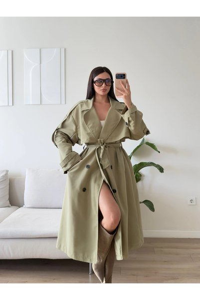 Zoom Butik Premium Kuşaklı Trençkot - HAKİ