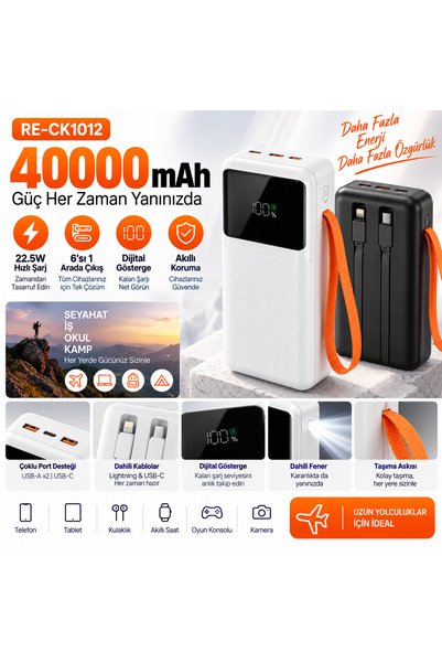 PİYATECH 40000 mAh 22.5W Hızlı Şarj Powerbank 2 USB Çıkışlı Dahili Kablolu LE...