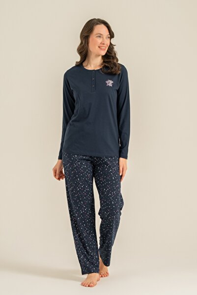 Arnetta Women's Navy Blue Long Sleeve Combed Cotton Pajama Set, Buttoned Coll...
