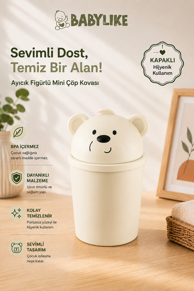 Babylike Ayıcık Figürlü Kapaklı Çöp Kovası – Bebek ve Çocuk Odası Dekoratif Ç...