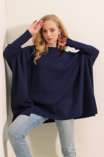 Merterium Women's Slit Oversize Poncho Sweater 1222 - Navy Blue