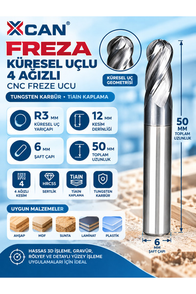 R3 Küresel Uçlu CNC Freze Ucu 6 mm Şaft 12 mm Kesme Boyu 50 mm