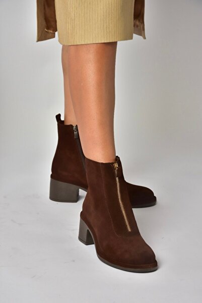 Fox Shoes Z555671002 Brown Genuine Leather Suede Thick Heeled Women's Boots