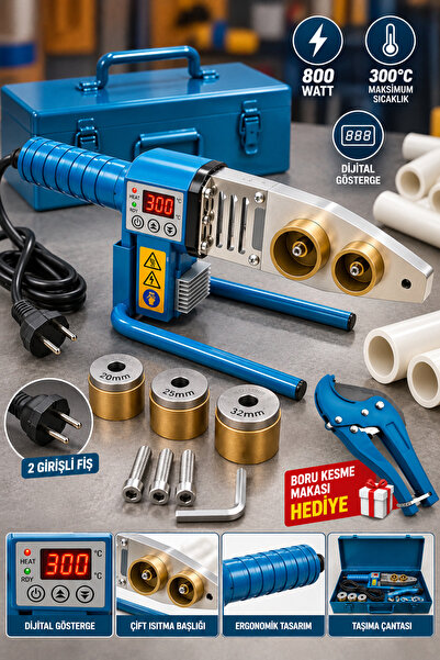 DynamicTech Profesyonel 800W Dijital Göstergeli 300°C Boru Kaynak Makinesi Seti – 20/25/32 mm Pafta + Boru Kesme Makası Hediyeli