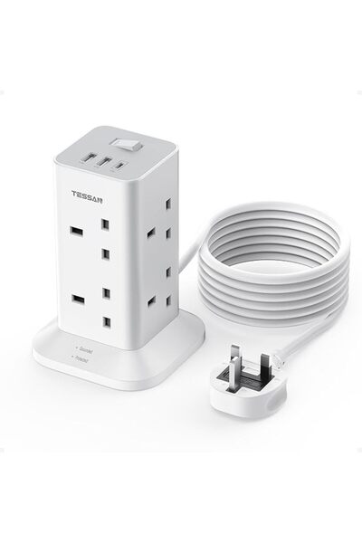 TESSAN Tower Extension Lead 3M with 3 USB Slots, Extension Cable 8 Way Multi ...