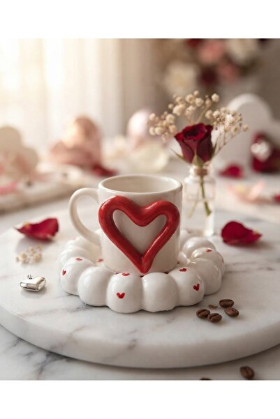 Dekor köşesi Handmade 3D Red Heart Coffee Cup with Embossed Plate - Romantic ...