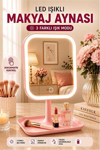 Kitchen Beauty Led Işıklı Makyaj Aynası 3 Renk Işık Dokunmatik Ayarlanabilir Dikdörtgen Masa Üstü Makyaj Aynası Usb Şarjlı